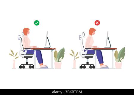 Posizione buona e postura errata per sedersi alla scrivania del computer. Illustrazione vettoriale Illustrazione Vettoriale