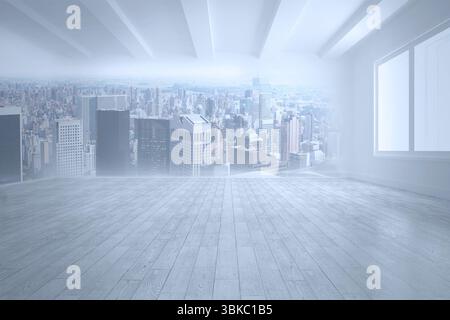 Camere alte con travi a vista sul soffitto e ampio pavimento con skyline cittadino in un design piatto Foto Stock