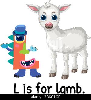 Illustrazione vettoriale colorata di un agnello con un giocoso carattere lettera L. I colori brillanti e lo stile stravagante migliorano il fascino educativo Illustrazione Vettoriale