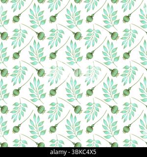 Motivo senza cuciture con graziose foglie turchesi e papavero. Illustrazione acquerello. Sfondo isolato botanico disegnato a mano. Impianto semplice Foto Stock