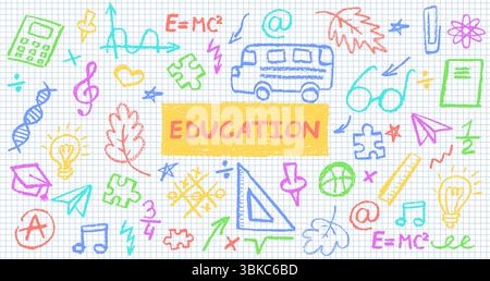 La scuola di carbone scarabocchiava su un foglio di notebook in una gabbia. Divertenti icone disegnate a mano per i temi del ritorno a scuola. Adorabile pastello per bambini o cera colorata Illustrazione Vettoriale