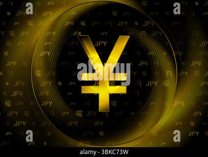 Simbolo della valuta giapponese Yen JPY dorata logo disegno finanziario astratto. Varie icone, simboli e geroglifici su sfondo nero. Illustrazione vettoriale Illustrazione Vettoriale