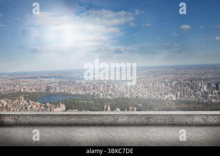 Un'illustrazione dal design piatto mostra la terrazza sul tetto che si affaccia sul denso skyline e sul parco centrale del lago Foto Stock