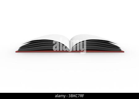 Il libro con copertina rigida aperta e design piatto si trova su una superficie bianca senza cuciture e mostra pagine vuote curve Foto Stock