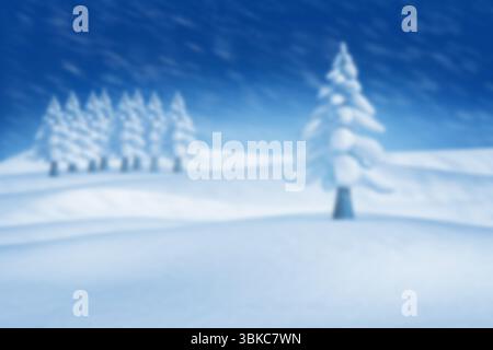 Il pino solitario carico di neve è in piedi in un design invernale piatto con neve che cade e ammasso di alberi Foto Stock