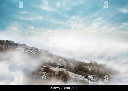 L'affioramento roccioso si innalza su una collina nebbiosa, con un design piatto che mostra massi, erba, arbusti, cielo nuvoloso Foto Stock