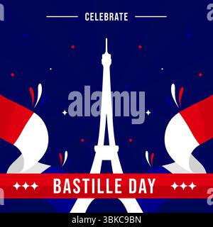 Saluti modello giorno della Bastiglia. Sfondo bandiera francese perfetto per la festa della Bastiglia il 14 luglio. Buon post sui social media del giorno della Bastiglia Illustrazione Vettoriale