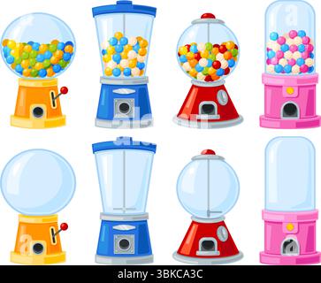Distributori automatici. Dispenser vuoti e con gomme da masticare colorate. Slot machine per la vendita di alimenti. Palle di Gashapon. Distributore Caramel lolly Sweets. Bubb Illustrazione Vettoriale