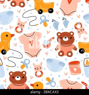 Giocattoli per bambini con motivo senza cuciture. Orsacchiotto e anatra di gomma. Sonaglino dei bambini appena nati. Polvere per pannolini. Succhietto con biberon. Abbigliamento per bambini. Ripetuti Illustrazione Vettoriale