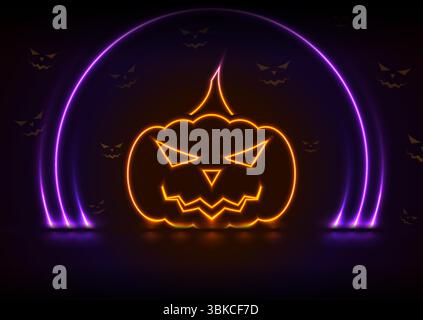 Arancio neon Halloween zucca e anelli laser viola sfondo astratto delle vacanze. Design vettoriale moderno dei biglietti d'auguri Illustrazione Vettoriale