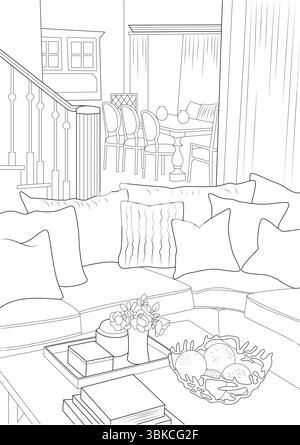 Illustrazione line art di un ambiente domestico confortevole, caratterizzato da un soggiorno con un grande divano componibile, cuscini, tavolino da caffè con libri e. Illustrazione Vettoriale