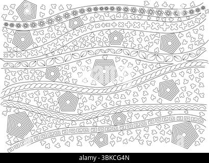 Intricati disegni di linee in bianco e nero con bande orizzontali di vari motivi astratti, tra cui forme geometriche, pentagoni, foglie, intrecciate Illustrazione Vettoriale