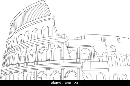 Semplice linea in bianco e nero che disegna l'antico Colosseo romano a Roma, Italia. Iconico punto di riferimento e storico anfiteatro Illustrazione Vettoriale