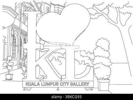 Disegno in bianco e nero dell'iconico cartello "i Love KL" situato presso la Kuala Lumpur City Gallery in Malesia. Questa illustrazione cattura il famou Illustrazione Vettoriale
