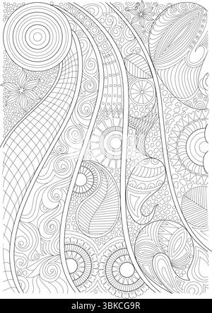 Un motivo astratto dettagliato e complesso creato con linee nere su sfondo bianco. Il design è caratterizzato da un mix di forme geometriche e orge vorticose Illustrazione Vettoriale