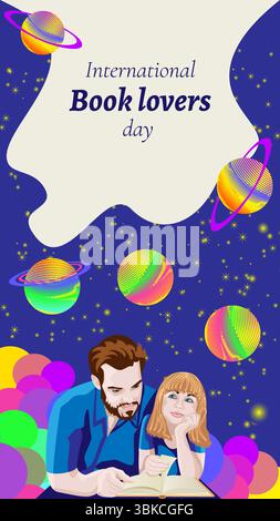 Padre e figlia leggono un libro. Magico cielo stellato con pianeti colorati. Giornata internazionale degli amanti del libro. Modello verticale. Illustrazione vettoriale. Illustrazione Vettoriale