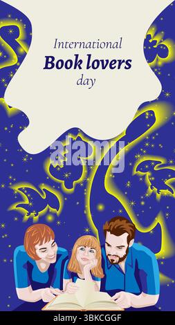 Padre, madre e figlia leggono un libro. Magico cielo stellato con dinosauri. Giornata internazionale degli amanti del libro. Modello verticale. Illustrazione vettoriale. Illustrazione Vettoriale