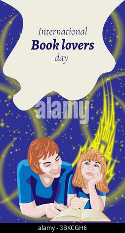 Madre e figlia leggono insieme un libro. Cielo notturno con castello e luce magica. Giornata internazionale degli amanti del libro. Illustrazione del vettore isolato verticale. Illustrazione Vettoriale