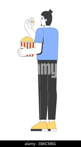Topknot caucasico uomo in piedi e mangiare popcorn 2D personaggio cartoni animati Illustrazione Vettoriale