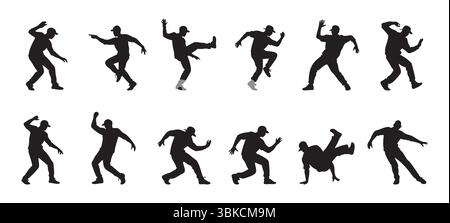 Silhouette nere di uomini che ballano in pose energiche, isolate su sfondo bianco, illustrazione grafica. concetto di danza, movimento, divertimento, elemento di design, icona, breakdance, hip hop. Illustrazione Vettoriale