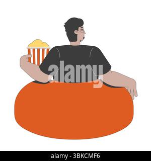 Occhiali uomo arabo che si rilassa su un sacchetto di fagioli con un cartoni animati 2D secchio di popcorn Illustrazione Vettoriale