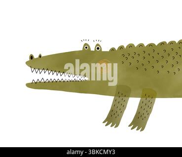 Illustrazione dell'alligatore verde felice. Simpatico e divertente coccodrillo disegnato a mano su sfondo bianco. Arte vettoriale vivaio con Happy Croc, simile a quello di un bambino. Illustrazione Vettoriale