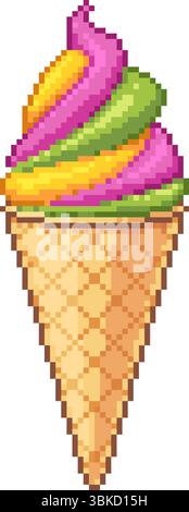 Immagine pixel art di un colorato cono di gelato a turbolenza su sfondo bianco. Dessert luminoso e divertente in un cono di waffle per design a tema estivo Illustrazione Vettoriale