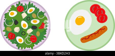 Uova sode con pomodori e olive e uova fritte con tuorlo e salsiccia sul piatto. Schede a tema per alimenti con illustrazione vettore isolato, menu o banner, opuscoli, etichette, etichetta dei prezzi, poster Illustrazione Vettoriale