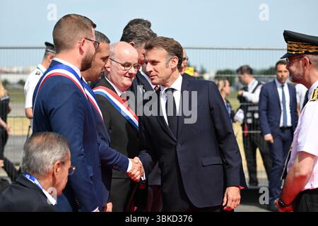 Le Bourget, Francia. 20 giugno 2025. Il 20 giugno 2025, il presidente Emmanuel Macron ha partecipato alla 55a edizione dell'International Paris Air Show (Salon International de l'aéronautique et de l'espace - SIAE) tenutasi presso l'aeroporto Paris-le Bourget, a nord di Parigi. Foto di Jeanne Accorsini/Pool/ABACAPRESS.COM credito: Abaca Press/Alamy Live News Foto Stock