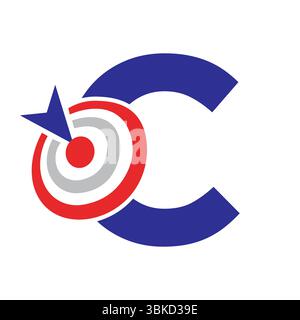 Logo di destinazione iniziale sulla lettera C Concept for Success Symbol. Design del logo degli obiettivi aziendali Illustrazione Vettoriale