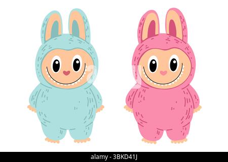 Illustrazione vettoriale piatta di un simpatico mostro Labubu disegnato a mano rosa e blu, giocattoli fantasia kawaii, con grandi orecchie e volti dei cartoni animati. Isolato su Illustrazione Vettoriale