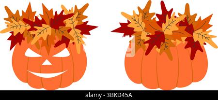 Halloween and Thanksgiving Pumpkin in Autumn Leaves Wreath cute Autumn character and Composition Set. Illustrazione vettore isolato biglietti feste autunnali inviti o banner, opuscoli, etichetta, prezzo Illustrazione Vettoriale