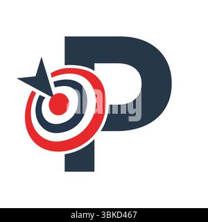 Logo di destinazione iniziale sulla lettera P Concept for Success Symbol. Design del logo degli obiettivi aziendali Illustrazione Vettoriale