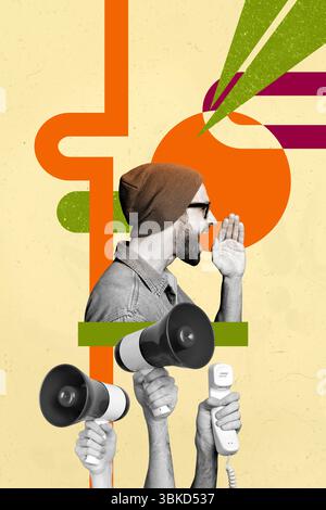 Collage visivo poster di persona con telefono megafono su sfondo pastello Foto Stock