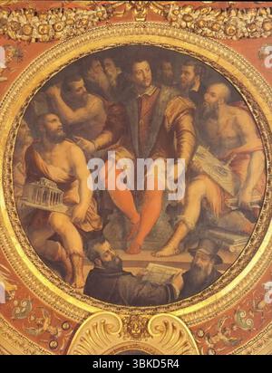 Vasari, Giorgio 1511 - 1574 Cosimo i de' Medici circondato dai suoi Architetti, ingegneri e scultori 1555-8 affresco Palazzo Vecchio, Firenze Foto Stock