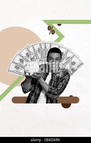 Grafica composita creativa di schizzi collage di un giovane maialino a mano raccogliere guadagni di banconote reddito denaro bancario ricchezza percentuale Foto Stock