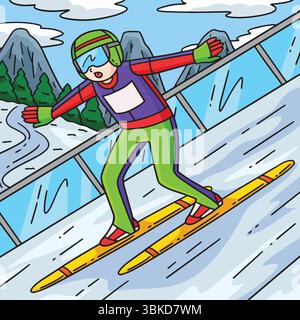 Ponticello per sci maschio Telemark Landing Cartoon colorato Illustrazione Vettoriale