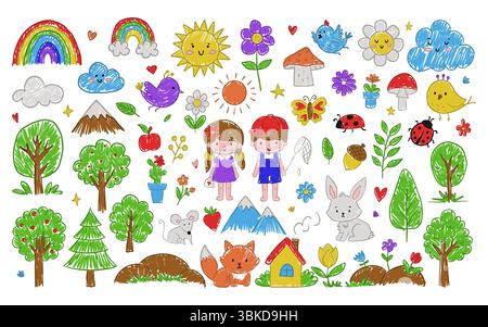 Colorate opere d'arte con bambini felici, animali, alberi, fiori ed elementi divertenti della natura, perfette per i temi dell'infanzia e della creatività. Mano d Illustrazione Vettoriale