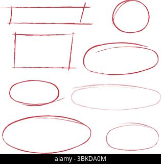 Set di cerchi rotondi rossi disegnati a mano, tratti ovali e tracciati rettangolari, elemento di design evidenziatore, segni di scarabocchio. Illustrazione Vettoriale