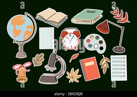 Illustrazione vettoriale piatta di un set di adesivi disegnati a mano di forniture scolastiche e articoli per l'aula, tra cui globo, lampada da tavolo, notebook, libri, leav. autunnale Illustrazione Vettoriale