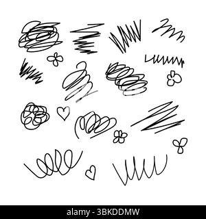 Serie di linee ondulate e zigzag diverse. Raccolta di diverse linee sottili. Serie di linee di avvolgimento ondulate. Attraversamento di linee orizzontali. Illustrazione vettoriale Illustrazione Vettoriale