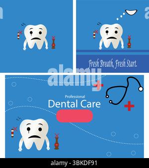 Set di promozione Dental Clinic con Tooth Mascot – cute pannelli di fumetti dentali con bolla vocale e icone sanitarie Illustrazione Vettoriale
