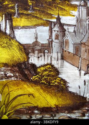 Immagine del paesaggio su un pannello di vetro colorato medievale del XVI secolo dall'Abbazia di Mariawald in Germania, opere d'arte religiose immagine di scorta Foto Stock