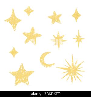 Stelle astratte disegnate a mano e mezzaluna con texture a pennello pastello. Elemento decorativo per design, arte, carta o illustrazione. Illustrazione Vettoriale