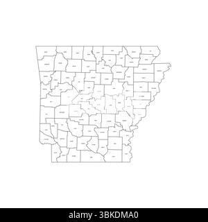 Arkansas, AR - Mappa politica dettagliata dello stato degli Stati Uniti. Mappa amministrativa divisa in contee. Mappa sottile con contorno nero con etichette per il nome della contea. Illustrazione vettoriale Illustrazione Vettoriale