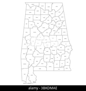 Alabama, AL - Mappa politica dettagliata dello stato degli Stati Uniti. Mappa amministrativa divisa in contee. Mappa sottile con contorno nero con etichette per il nome della contea. Illustrazione vettoriale Illustrazione Vettoriale