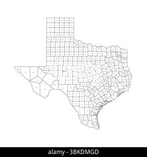 Texas, TX - Mappa politica dettagliata dello stato degli Stati Uniti. Mappa amministrativa divisa in contee. Mappa sottile con contorno nero con etichette per il nome della contea. Illustrazione vettoriale Illustrazione Vettoriale