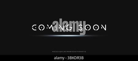 Futuristico in arrivo testo con effetto luminoso su sfondo scuro, perfetto per progetti tecnologici, siti Web o trailer. Elegante e moderna tipografia Illustrazione Vettoriale