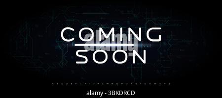 Futuristico in arrivo testo con effetto luminoso su sfondo scuro, perfetto per progetti tecnologici, siti Web o trailer. Elegante e moderna tipografia Illustrazione Vettoriale