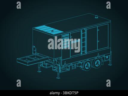 Illustrazione vettoriale stilizzata del progetto isometrico del rimorchio del generatore diesel Illustrazione Vettoriale